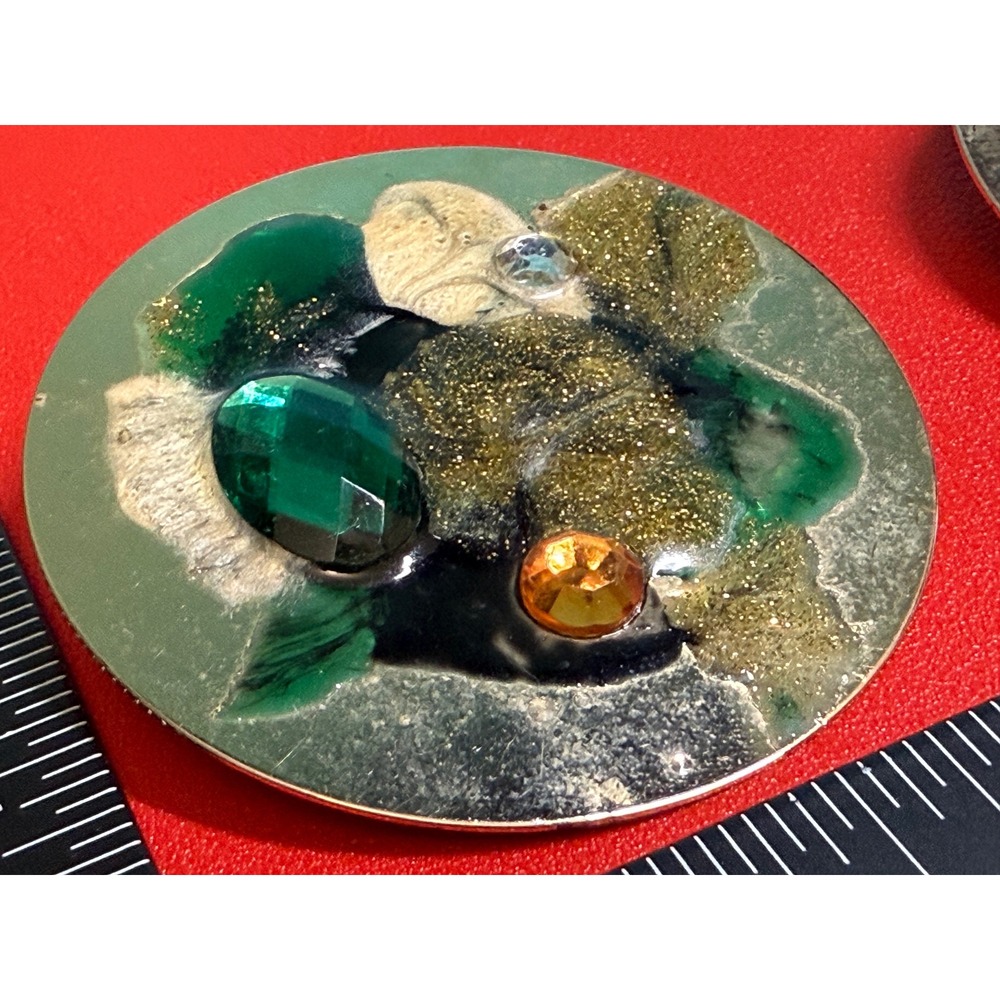 Vintage Handmade Abstract Disc Earrings Green Gold Resin Artisan Statement - Picture 8 of 9